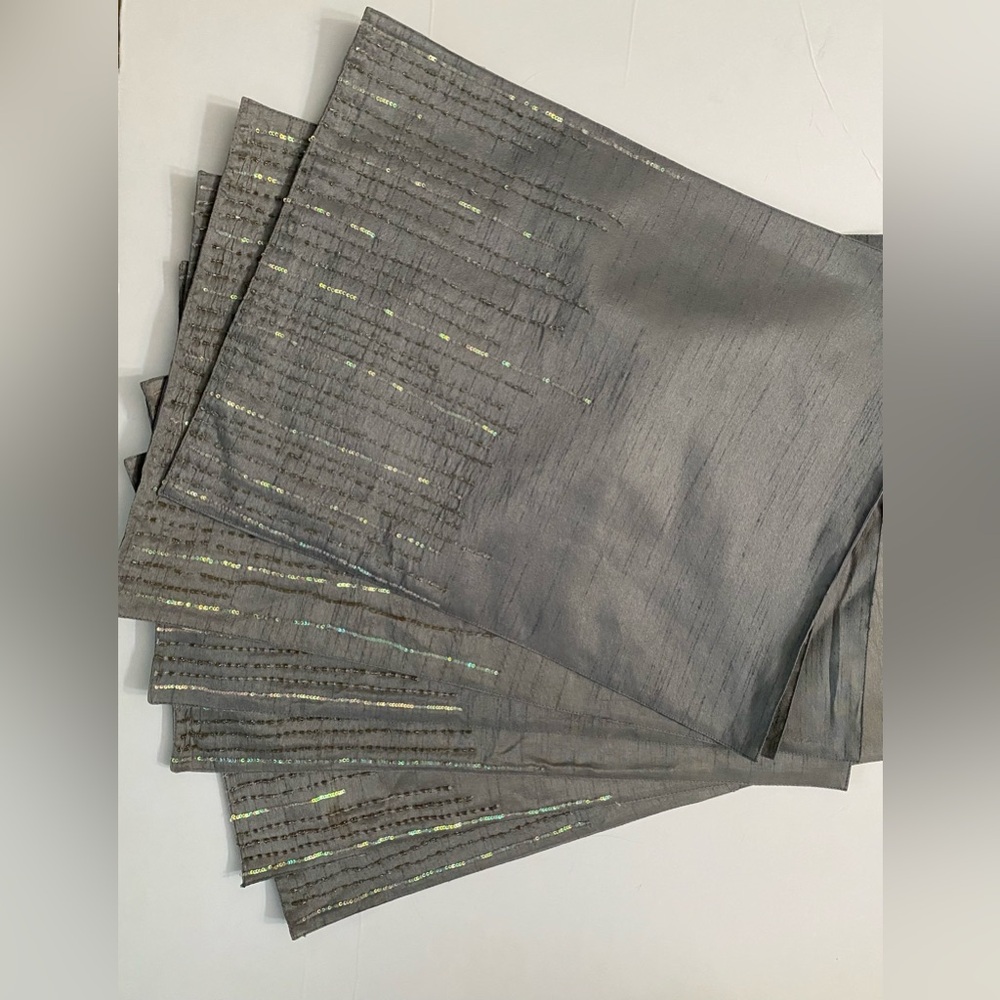 Placemats  set of 6 Silky Silver Gray Sequins Beaded Detail Made in India